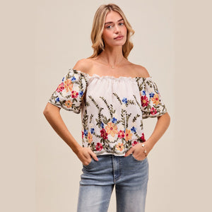 Open image in slideshow, SO ME Floral Embroidered Two Way Off The Shoulder Blouse
