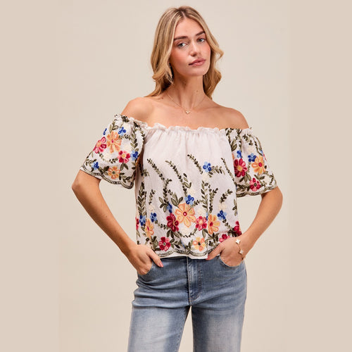 SO ME Floral Embroidered Two Way Off The Shoulder Blouse