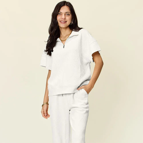 Double Take Full Size Texture Half Zip Short Sleeve Top and Pants Set